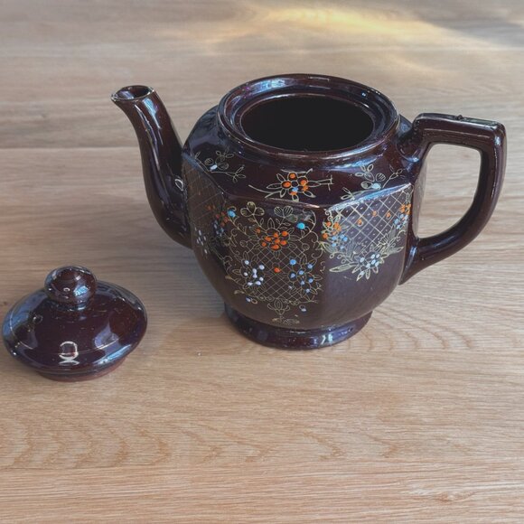 Moriage Style Ceramic Redware Teapot, Brown Flora, Vintage Pre-War Japan - Picture 9 of 16